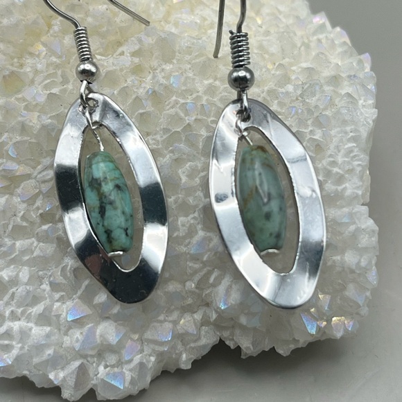 Handmade Jewelry - Silver and Turquoise Oval Earrings